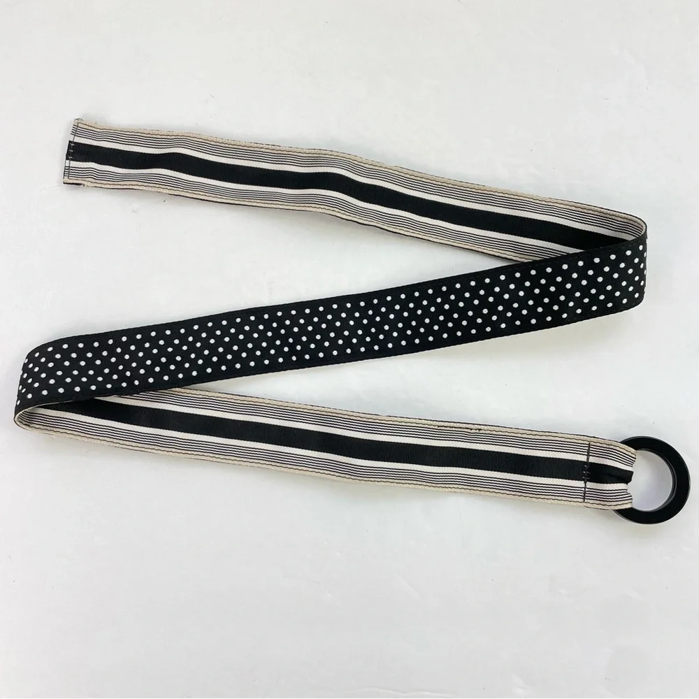 Black White Polka Dot‎ Striped Reversible Ribbon Belt Double Ring